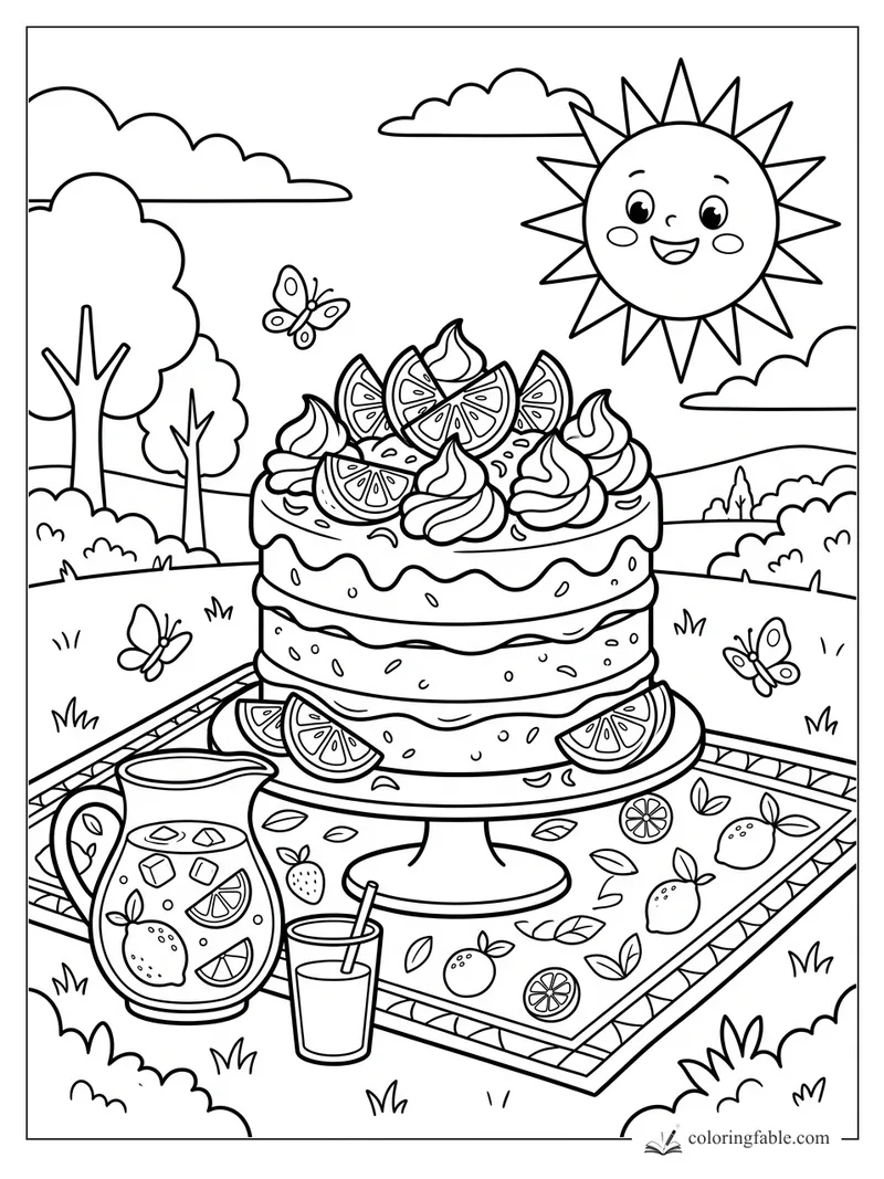 Cartoon citrus layer cake on a picnic blanket with lemonade, butterflies, trees, clouds, and smiling sun