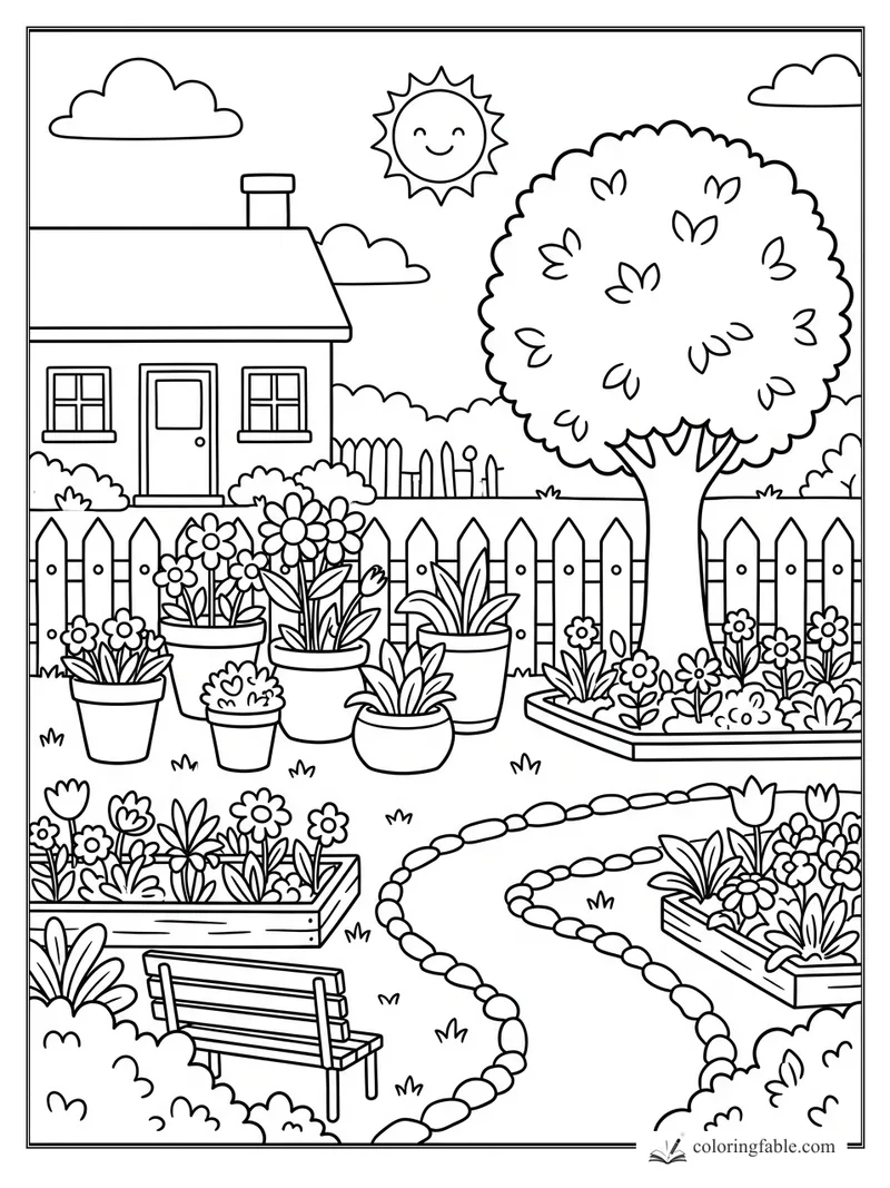 Cartoon cottage garden with picket fence, potted flowers, big tree, bench, smiling sun, and pebble path.
