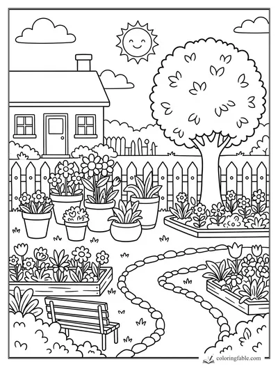 Cartoon cottage garden with picket fence, potted flowers, big tree, bench, smiling sun, and pebble path.