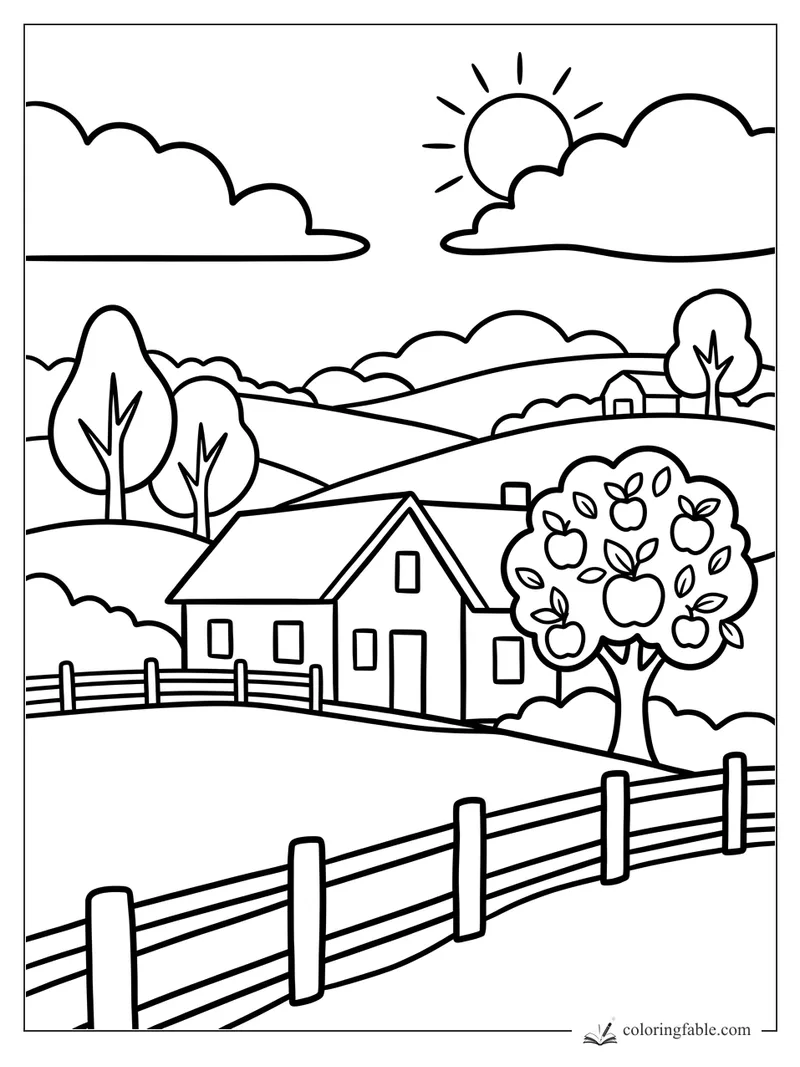 Bold easy farm landscape coloring page with rolling hills, fences, houses, apple tree, clouds, and sun.