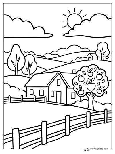 Bold easy farm landscape coloring page with rolling hills, fences, houses, apple tree, clouds, and sun.
