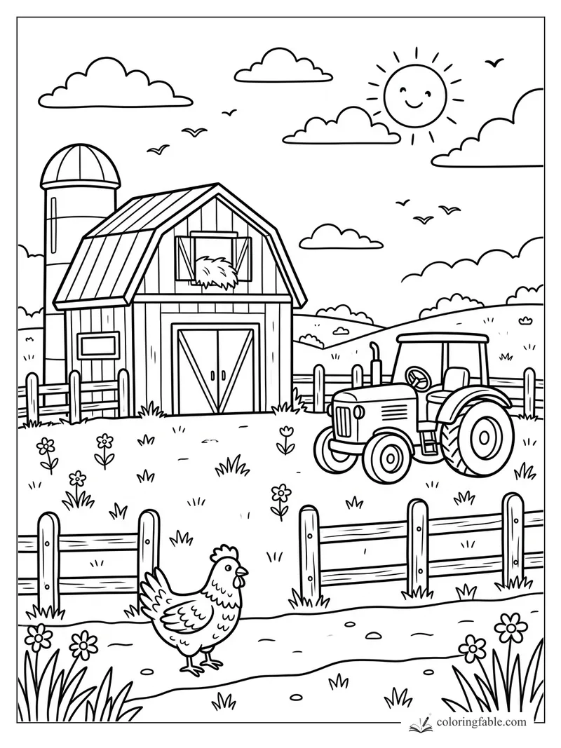 Cartoon farm vacation coloring page with barn, silo, tractor, chicken, fence, flowers, clouds, and smiling sun.