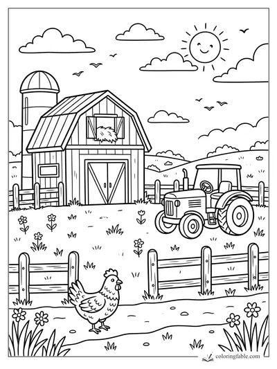 Cartoon farm vacation coloring page with barn, silo, tractor, chicken, fence, flowers, clouds, and smiling sun.