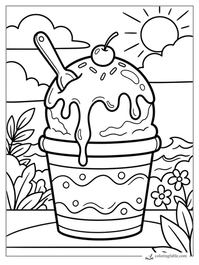 Easy coloring page of a dripping sundae cup with spoon, cherry, sprinkles, sun, clouds, flowers, and leaves.