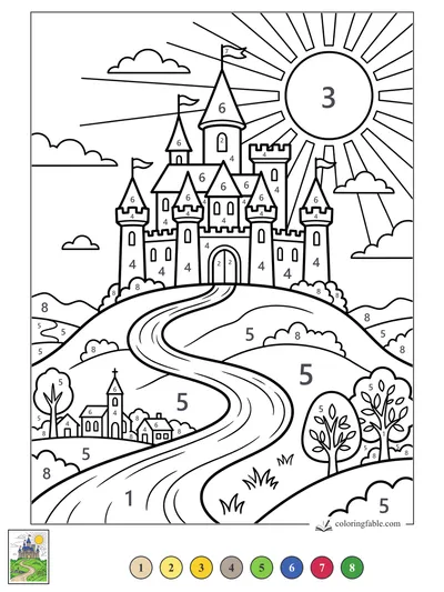 Sunny Hilltop Castle with Winding Road — color by number