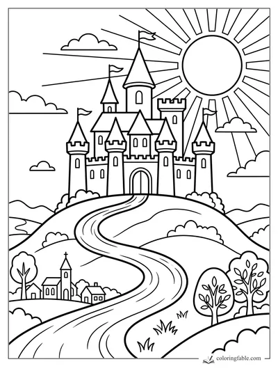 Easy coloring page of a hilltop castle with flags, sun rays, clouds, village, trees, and winding road.