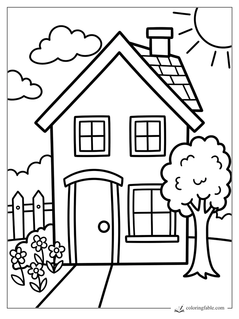 Bold easy house coloring page with sun, clouds, chimney, fence, flowers, and a leafy tree.