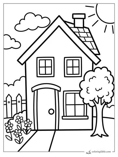 Bold easy house coloring page with sun, clouds, chimney, fence, flowers, and a leafy tree.