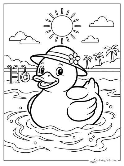 Smiling duck in a sunhat swimming in a pool with ladder, float ring, palm trees, sun, and clouds