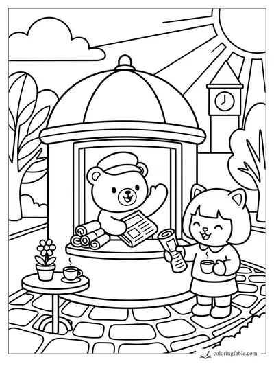 Bear in a domed kiosk waving to a cat holding a rolled newspaper in a sunny town square.