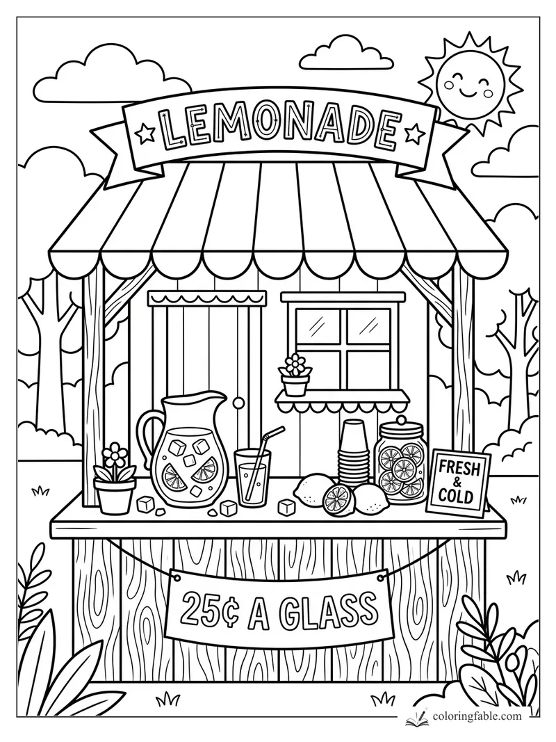 Easy coloring page of a lemonade stand with pitcher, lemons, cups, flowers, clouds, and smiling sun.