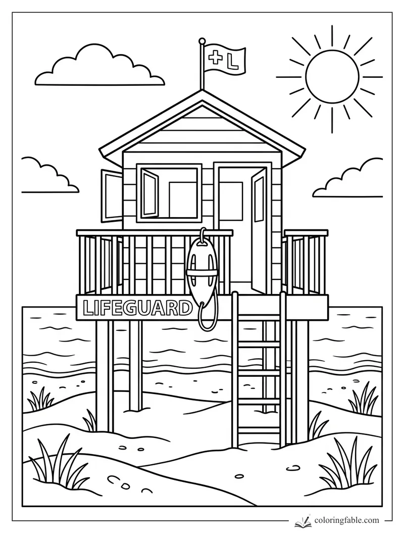 Lifeguard tower on a sandy beach with open doors, rescue buoy, flag, sun, clouds, ladder, and waves.