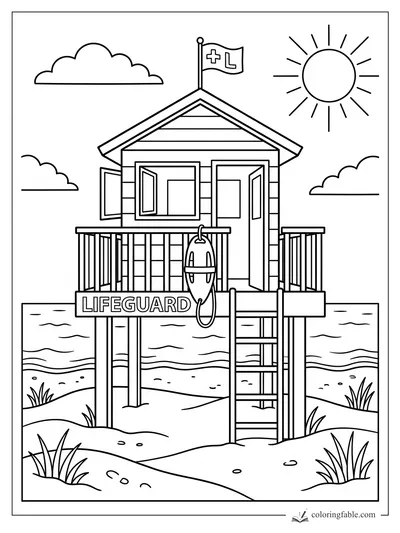 Lifeguard tower on a sandy beach with open doors, rescue buoy, flag, sun, clouds, ladder, and waves.