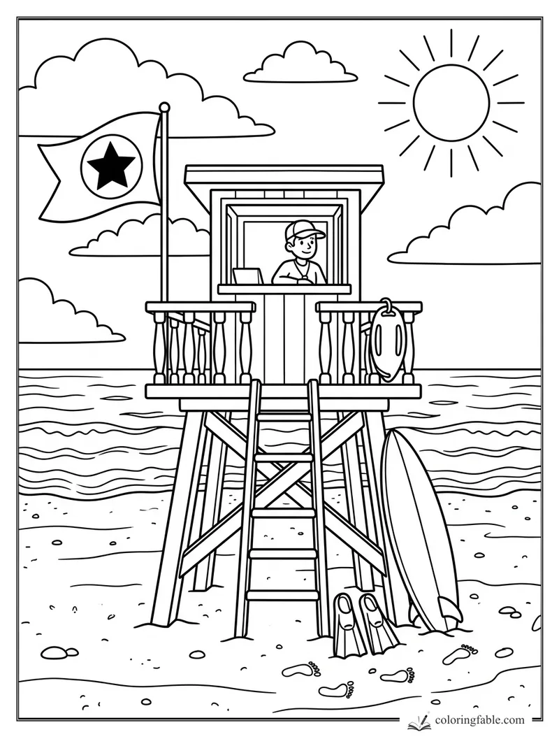 Cartoon beach lifeguard tower with flag, lifebuoy, surfboard, flippers, sun, clouds, waves, and footprints.