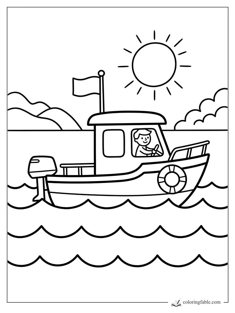 Easy coloring page of a child steering a motorboat on waves with sun, flag, hills, and clouds.