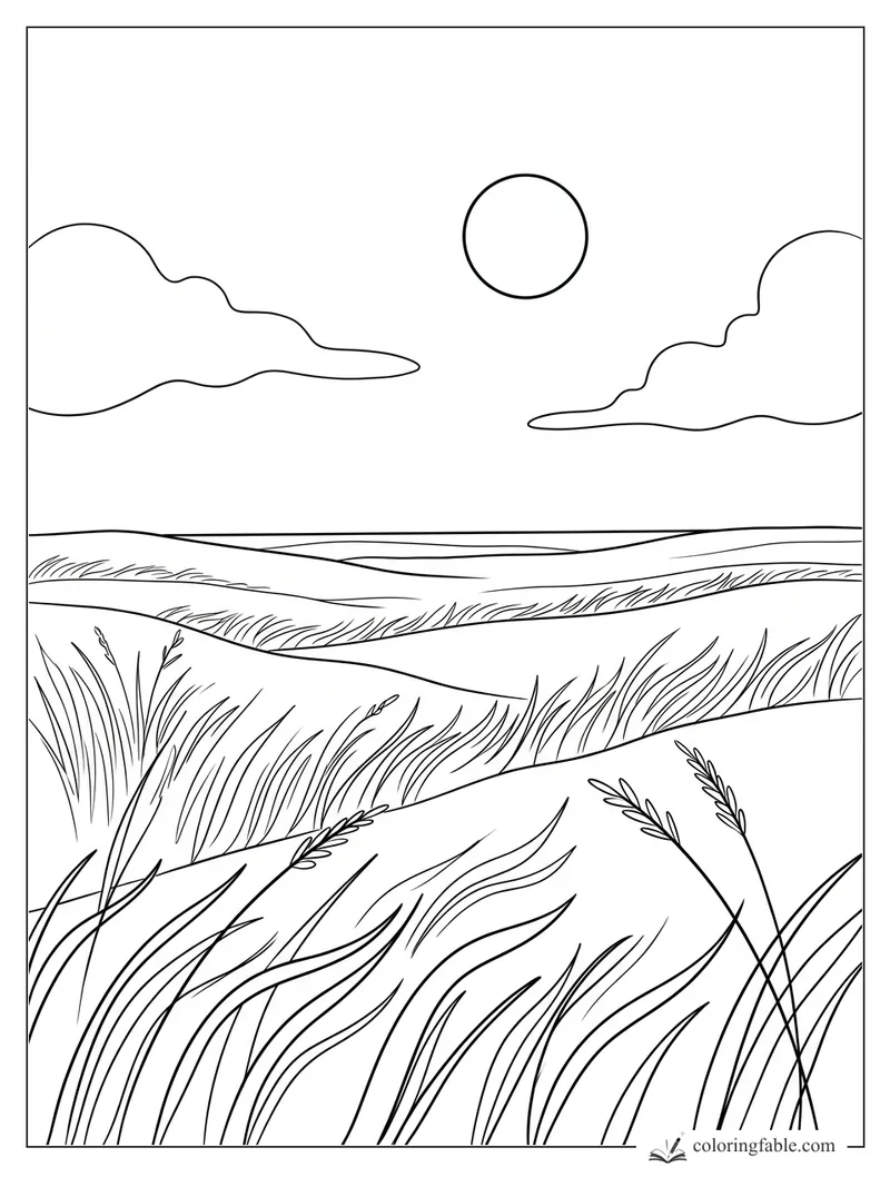 Minimalist coloring page of rolling grass fields, two clouds, and a round sun.