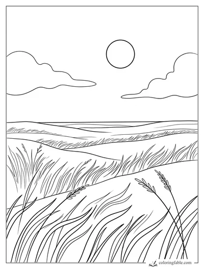 Minimalist coloring page of rolling grass fields, two clouds, and a round sun.