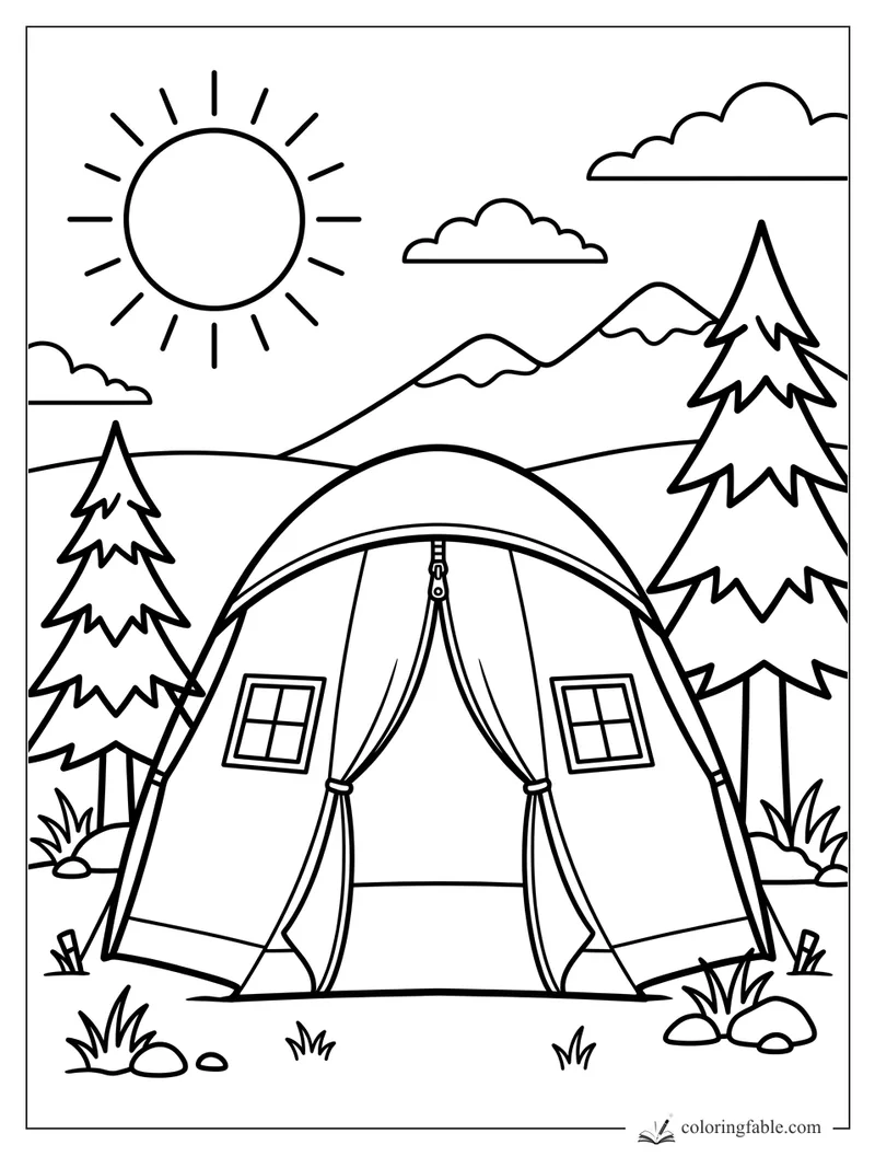 Easy camping coloring page with tent, pine trees, mountains, clouds, rocks, and bright sun.