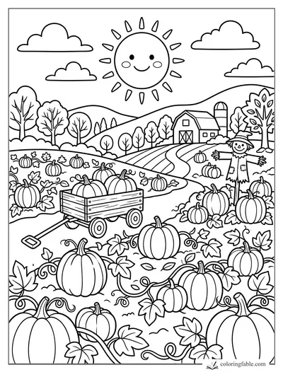 Cartoon pumpkin farm with a wagon, smiling sun, barn, scarecrow, hills, clouds, vines, and fall leaves.