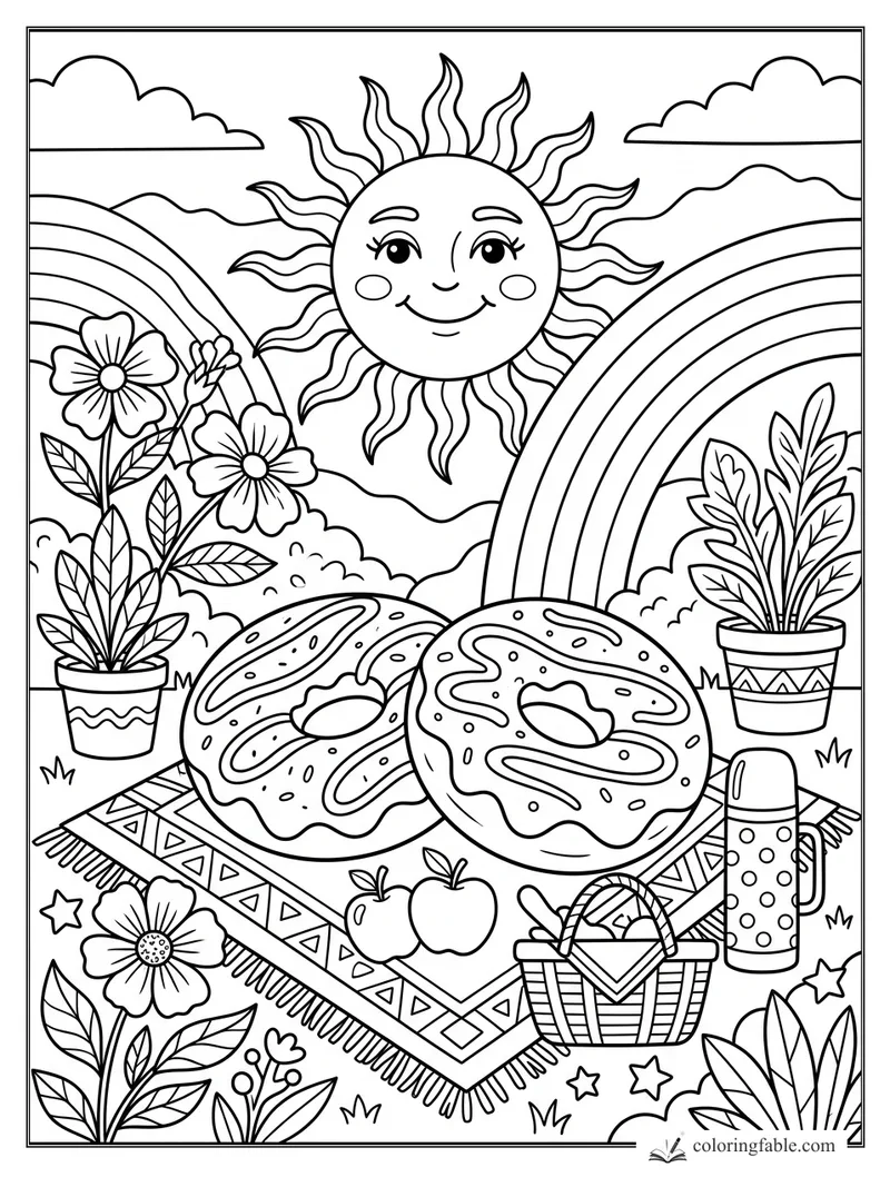 Boho-groovy donut picnic with smiling sun, rainbow, flowers, potted plants, apples, thermos, and basket.