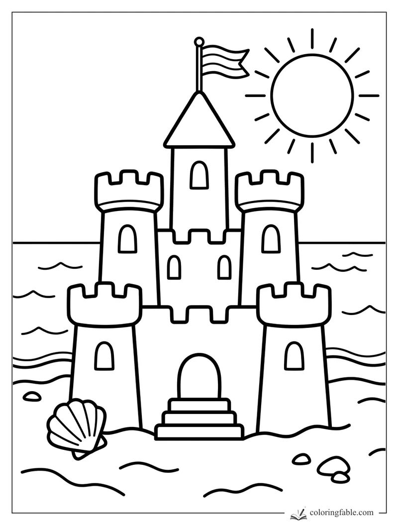 Bold sandcastle coloring page with five towers, beach flag, sun, waves, and seashells.