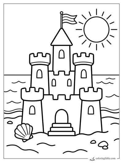 Bold sandcastle coloring page with five towers, beach flag, sun, waves, and seashells.