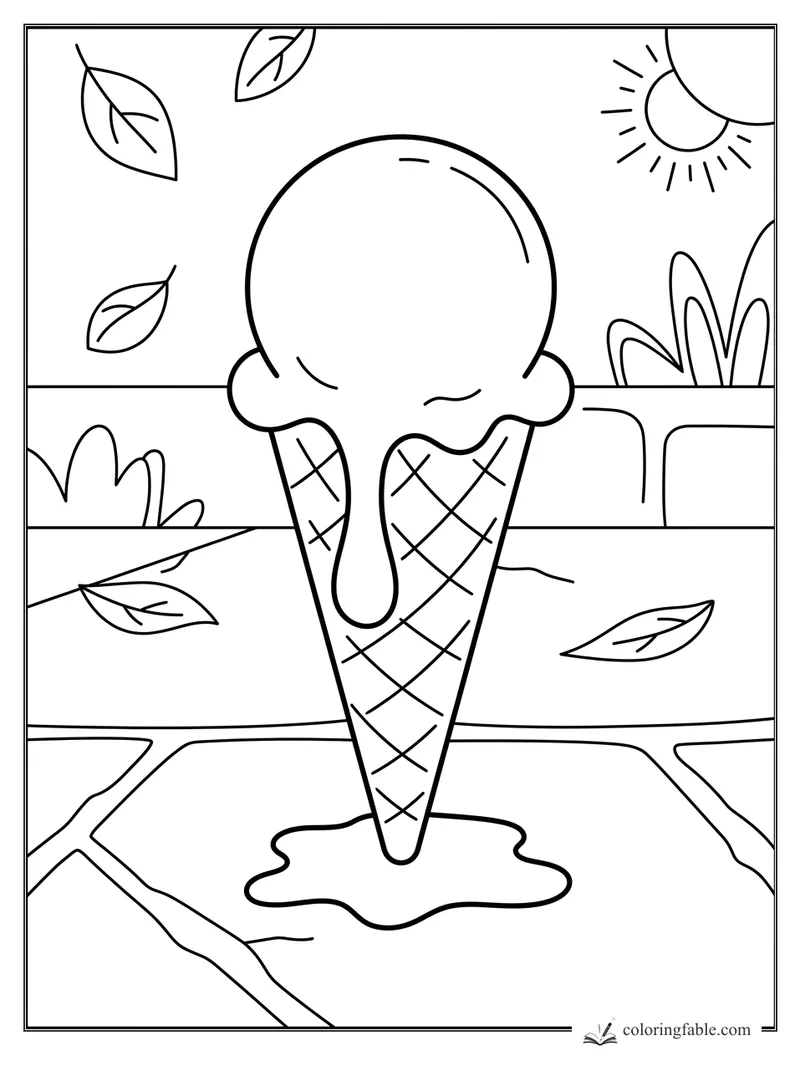 Ice cream cone with one big scoop melting on a sunny sidewalk with leaves and plants.