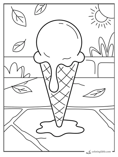 Ice cream cone with one big scoop melting on a sunny sidewalk with leaves and plants.