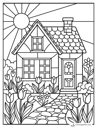 Stained-glass cottage coloring page with sun rays, scalloped roof tiles, tulips, and stone path.