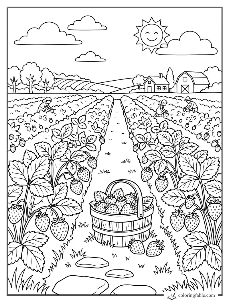 Strawberry field coloring page with rows of berries, a full basket, farm workers, barn, clouds, and smiling sun.