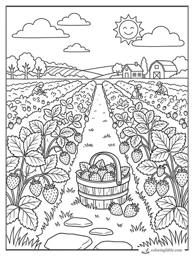 Strawberry field coloring page with rows of berries, a full basket, farm workers, barn, clouds, and smiling sun.