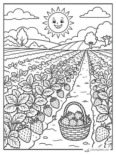 Cartoon strawberry field with leafy rows, a basket of berries, smiling sun, clouds, trees, and dirt path.