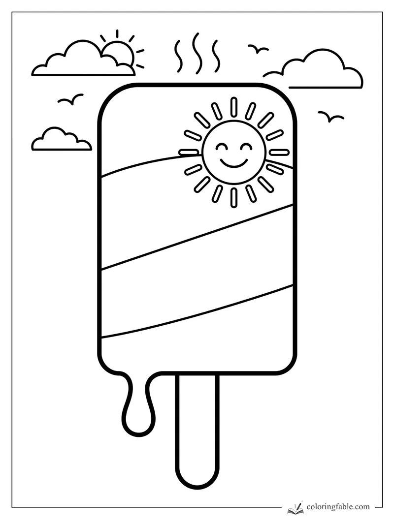 Easy coloring page of a striped popsicle with a smiling sun, clouds, birds, and a melting drip.