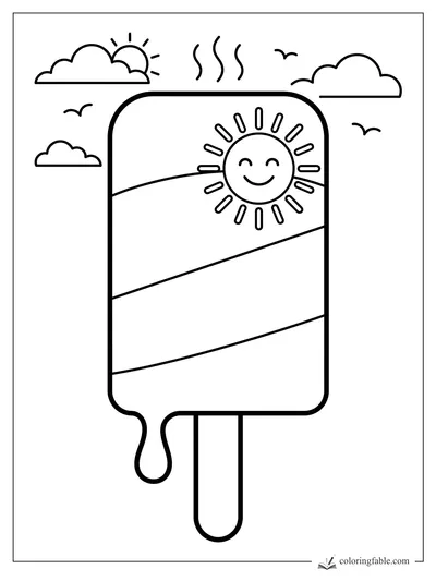 Easy coloring page of a striped popsicle with a smiling sun, clouds, birds, and a melting drip.