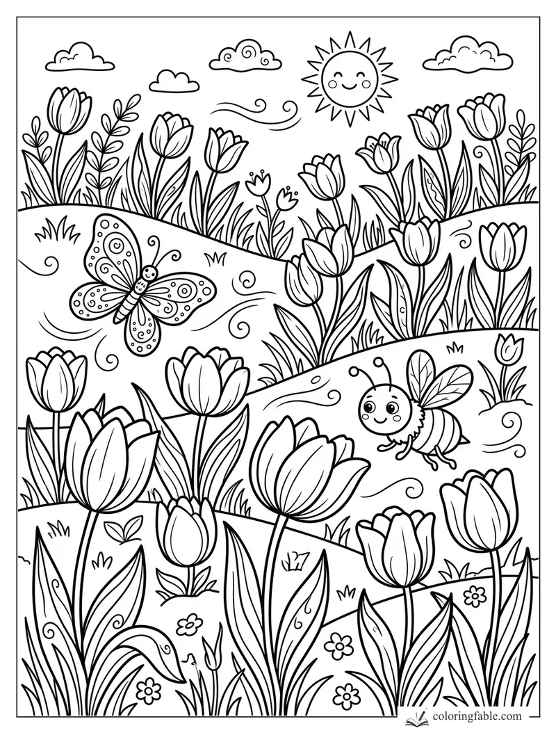Cartoon tulip hills with smiling sun, clouds, butterfly, bee, tall leaves, and swirling breeze lines