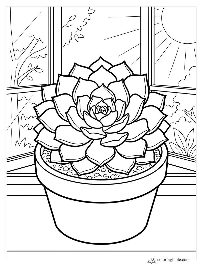 Rosette succulent in a round pot with pebbles, sitting on a sunny windowsill with garden plants outside