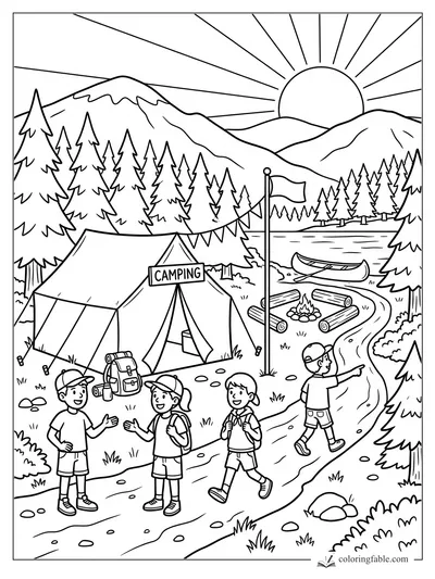 Cartoon camping scene with kids, tent, flag, campfire logs, canoe, lake, pine forest, mountains, and sunrise