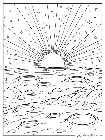 Realistic coloring page of sunrise rays over a cratered moon landscape with stars and rocks