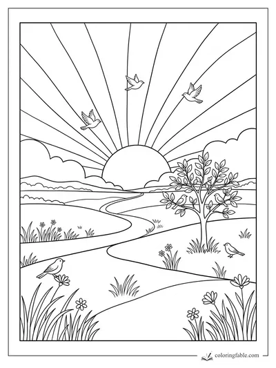 Easy landscape coloring page with sunrise rays, winding path, flowers, tree, clouds, and birds.