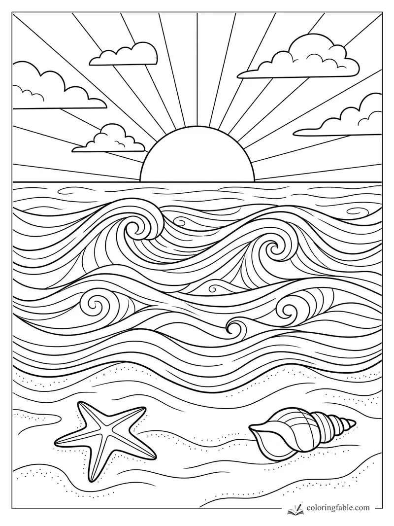 Beach coloring page with sunrise, swirling ocean waves, clouds, starfish, and spiral seashell in the sand
