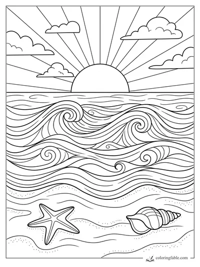 Beach coloring page with sunrise, swirling ocean waves, clouds, starfish, and spiral seashell in the sand
