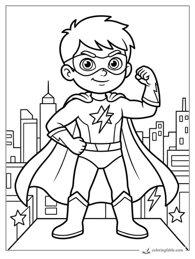 Cartoon superhero boy in a mask and cape flexing on a rooftop above a city skyline.