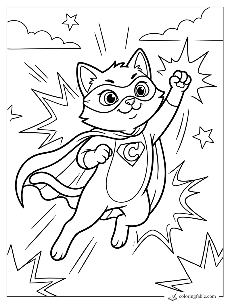 Cartoon superhero cat with mask, cape, raised paw, stars, clouds, and comic lightning bolts