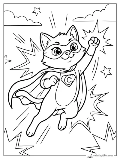 Cartoon superhero cat with mask, cape, raised paw, stars, clouds, and comic lightning bolts
