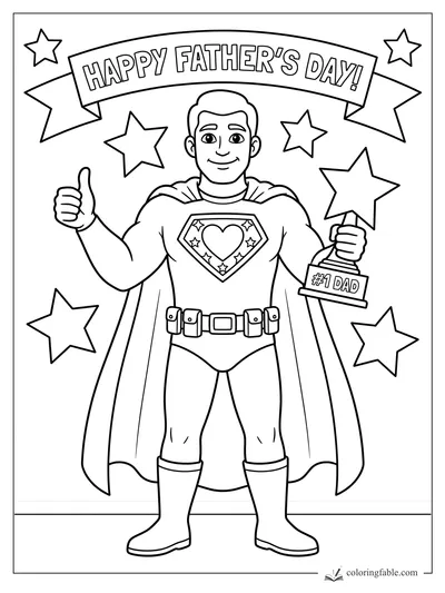 Super dad coloring page with cape, thumbs-up, trophy, stars, and Happy Father’s Day banner