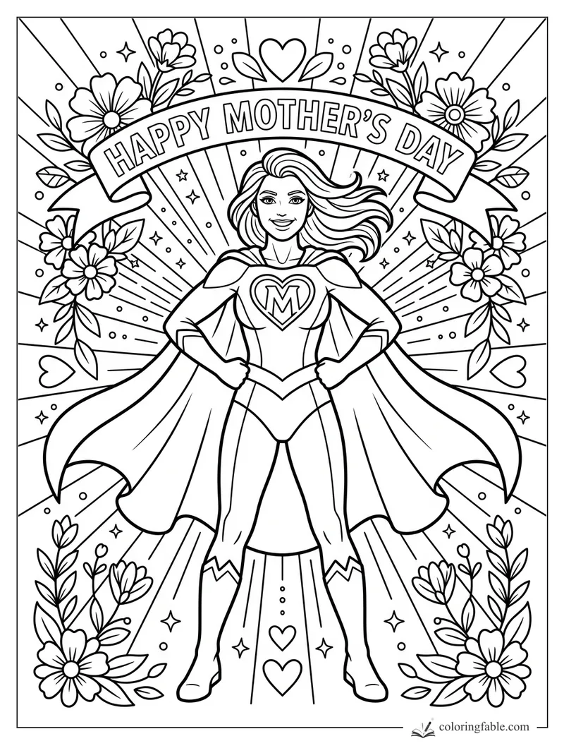 Super mom coloring page with cape, heart emblem, flowers, stars, and Happy Mother’s Day banner