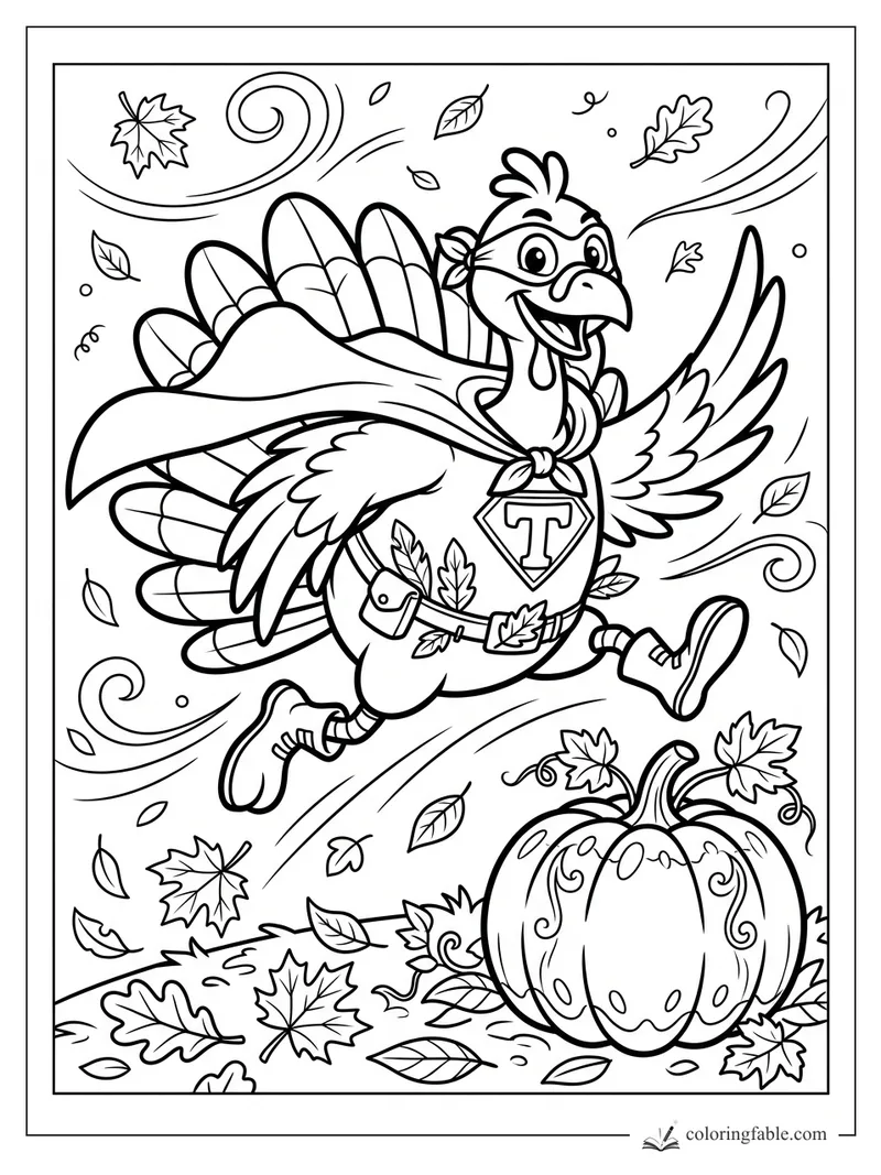 Cartoon superhero turkey running through swirling fall leaves beside a decorated pumpkin.