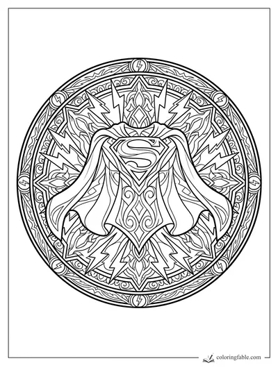 Intricate superhero mandala with S shield, flowing cape, lightning bolts, leaves, scrolls, and round emblems.