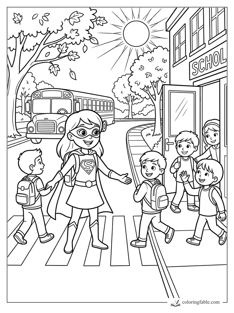 Cartoon girl superhero helping kids cross by a school bus and school entrance
