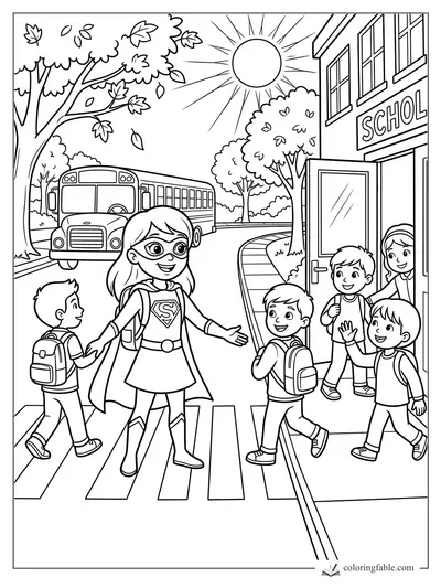 Cartoon girl superhero helping kids cross by a school bus and school entrance